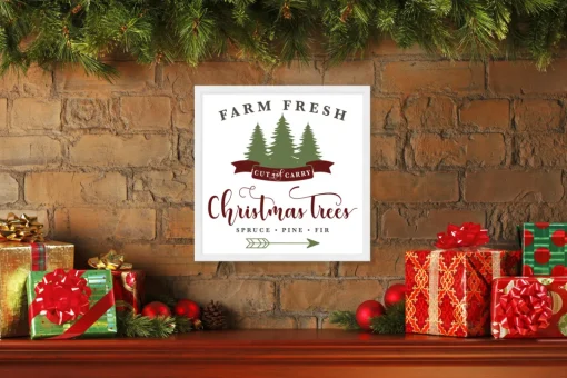 Discount Cut and Carry Christmas Tree Farm 17.5" x 17.5" Framed Christmas Wall Decor Sign Poster in a Natural Wooden Frame with UV Acrylic and Hangers Wall