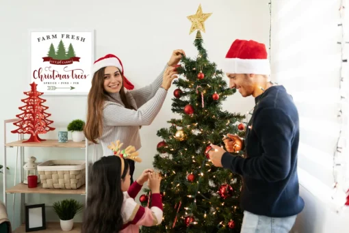 Discount Cut and Carry Christmas Tree Farm 17.5" x 17.5" Framed Christmas Wall Decor Sign Poster in a Natural Wooden Frame with UV Acrylic and Hangers Wall