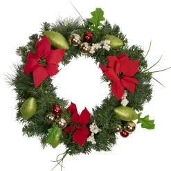 Hot Decorated Red and Green Poinsettia and Pine Artificial Christmas Wreath, 24-inch, Unlit Pre Decorated