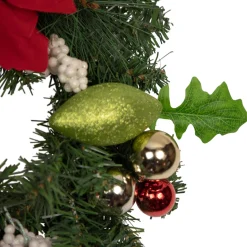 Hot Decorated Red and Green Poinsettia and Pine Artificial Christmas Wreath, 24-inch, Unlit Pre Decorated