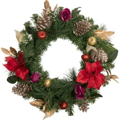 Best Decorated Red Poinsettia and Rose Artificial Christmas Wreath, 24-inch, Unlit Pre Decorated