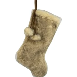 Best Faux Fur Christmas Stocking with Pom Poms - 20.5" - Beige and Brown Stockings