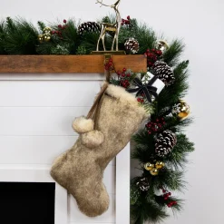 Best Faux Fur Christmas Stocking with Pom Poms - 20.5" - Beige and Brown Stockings