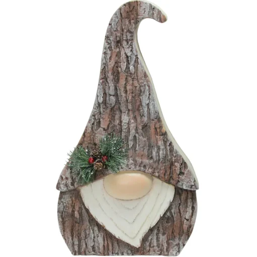 Outlet Faux Tree Bark Gnome with Holly Berry Christmas Figure - 16" - Brown and White Gnomes