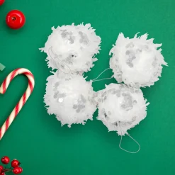 Outlet Feather Ball with Large Sequins Christmas Ornaments - 3.5" - White - Set of 4 Glass
