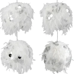 Outlet Feather Ball with Large Sequins Christmas Ornaments - 3.5" - White - Set of 4 Glass
