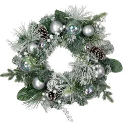 Discount Flocked Pine Artificial Christmas Wreath with Iridescent Ornaments, 24-Inch, Unlit Unlit