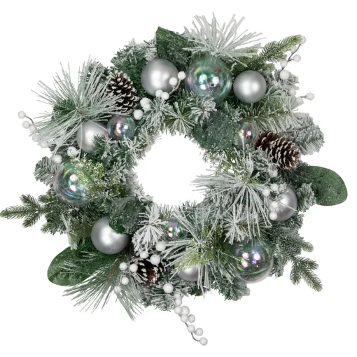 Discount Flocked Pine Artificial Christmas Wreath with Iridescent Ornaments, 24-Inch, Unlit Unlit
