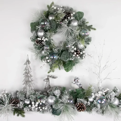 Discount Flocked Pine Artificial Christmas Wreath with Iridescent Ornaments, 24-Inch, Unlit Unlit