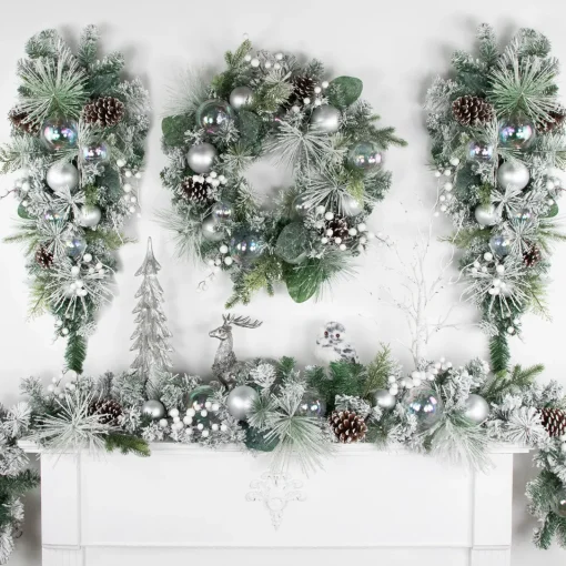 Discount Flocked Pine Artificial Christmas Wreath with Iridescent Ornaments, 24-Inch, Unlit Unlit