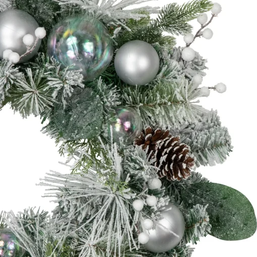 Discount Flocked Pine Artificial Christmas Wreath with Iridescent Ornaments, 24-Inch, Unlit Unlit