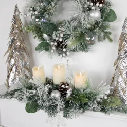 Flocked Pine Triple Candle Holder with Iridescent Christmas Ornaments - 30" Candle Holders
