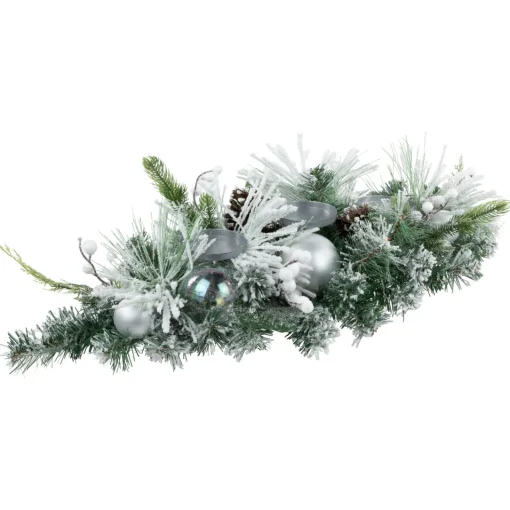 Flocked Pine Triple Candle Holder with Iridescent Christmas Ornaments - 30" Candle Holders