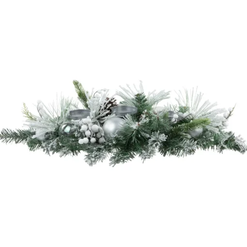 Flocked Pine Triple Candle Holder with Iridescent Christmas Ornaments - 30" Candle Holders