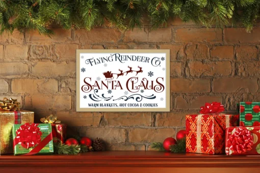 Best Flying Reindeer Company 12.5" x 17.5" Framed Christmas Wall Decor Art Print Sign Poster in a Natural Wooden Frame with UV Acrylic and Hangers Wall