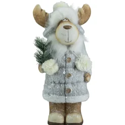 Online Frosted Ceramic Moose in Winter Coat Holding Pine Sprigs Christmas Figure - 18" Animals