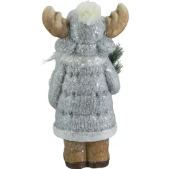 Online Frosted Ceramic Moose in Winter Coat Holding Pine Sprigs Christmas Figure - 18