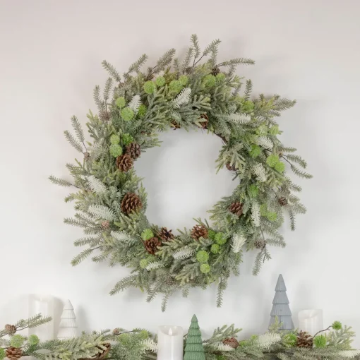 Hot Frosted Pine and Pinecone Christmas Wreath, 30-Inch, Unlit Unlit