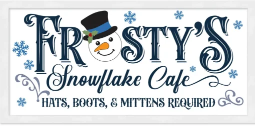 Sale Frosty's Snowflake Cafe 8.5" x 17.5" Framed Christmas Wall Decor Art Print Sign Poster in a Natural Wooden Frame with UV Acrylic and Hangers Wall