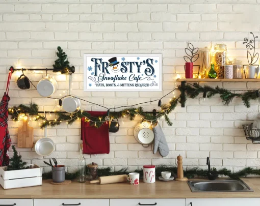 Sale Frosty's Snowflake Cafe 8.5" x 17.5" Framed Christmas Wall Decor Art Print Sign Poster in a Natural Wooden Frame with UV Acrylic and Hangers Wall