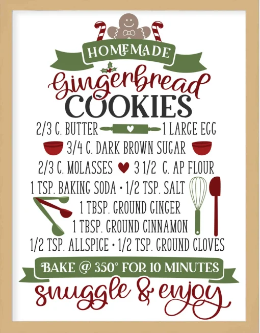 Sale Gingerbread Cookie Recipe 13.5" x 17.5" Framed Christmas Wall Decor Art Print Sign Poster in a Natural Wooden Frame with UV Acrylic and Hangers Wall