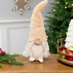 Online Girl Gnome in Faux Fur Hat Christmas Figure - 12" - Beige Gnomes