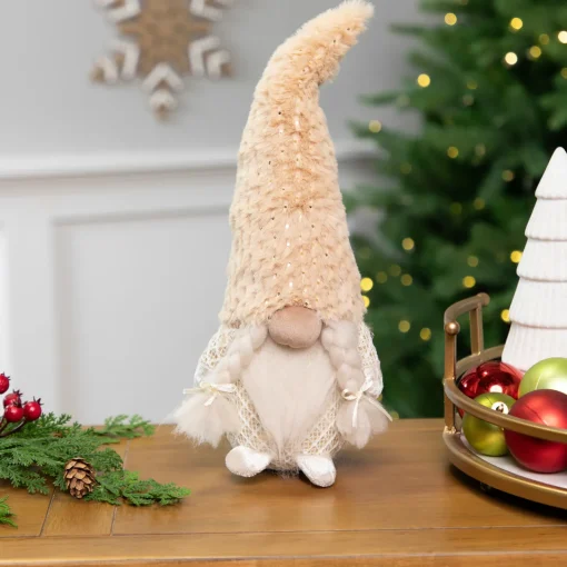 Online Girl Gnome in Faux Fur Hat Christmas Figure - 12" - Beige Gnomes