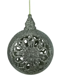 Online Glitter Drenched Seaweed Green and Silver Floral Cutout Christmas Ball Ornament 4.5" (115mm) Glass