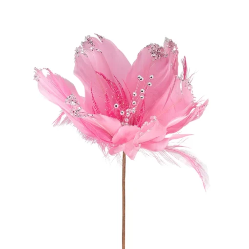 Glittered Feather Poinsettia Artificial Christmas Pick - 13.75" - Pink Sprays, Picks & Branches