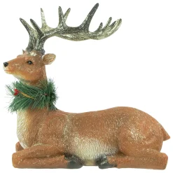 Clearance Glittered Sitting Deer with Pine Neck Wreath Christmas Decoration - 10" Animals