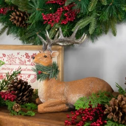 Clearance Glittered Sitting Deer with Pine Neck Wreath Christmas Decoration - 10" Animals