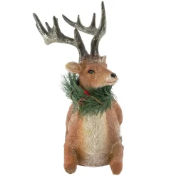 Clearance Glittered Sitting Deer with Pine Neck Wreath Christmas Decoration - 10