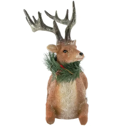 Clearance Glittered Sitting Deer with Pine Neck Wreath Christmas Decoration - 10" Animals