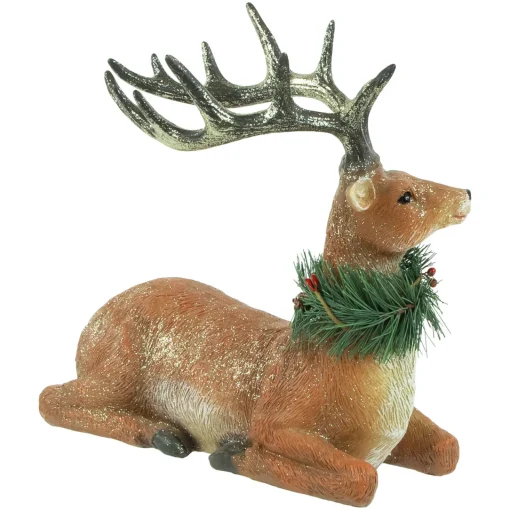 Clearance Glittered Sitting Deer with Pine Neck Wreath Christmas Decoration - 10" Animals