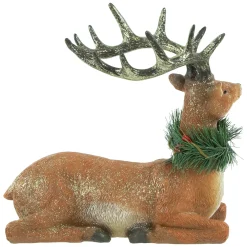 Clearance Glittered Sitting Deer with Pine Neck Wreath Christmas Decoration - 10