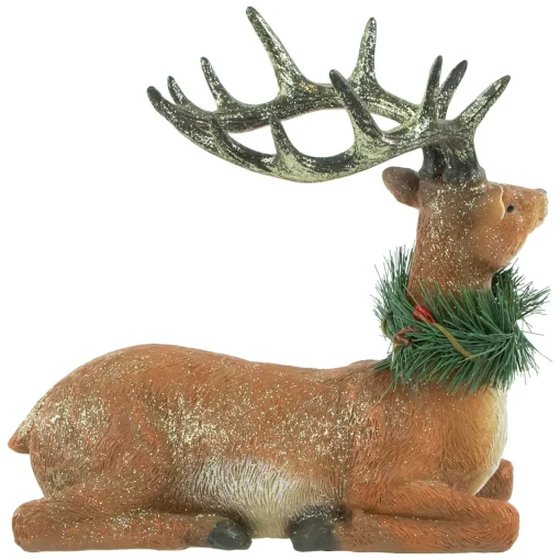 Clearance Glittered Sitting Deer with Pine Neck Wreath Christmas Decoration - 10" Animals