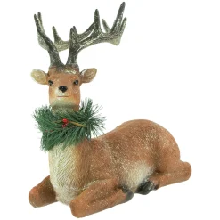 Clearance Glittered Sitting Deer with Pine Neck Wreath Christmas Decoration - 10