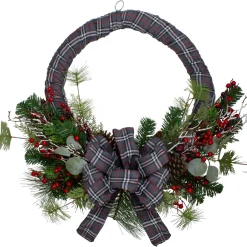 Gray and Red Plaid Artificial Christmas Wreath with Red Berries - 24-Inch, Unlit Pre Decorated