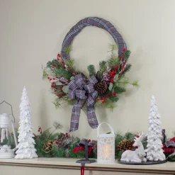 Gray and Red Plaid Artificial Christmas Wreath with Red Berries - 24-Inch, Unlit Pre Decorated