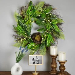 Clearance Green and Brown Foliage Artificial Spring Wreath with Nest - 24" - Unlit Unlit