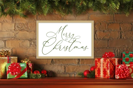 Green Merry Christmas 15.5" x 21.5" Framed Christmas Wall Decor Art Print Sign Poster in a Natural Wooden Frame with UV Acrylic and Hangers Wall