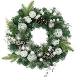 New Green Pine Frosted Artificial Christmas Wreath with Laced Ornaments, 24-Inch, Unlit Unlit