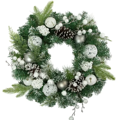 New Green Pine Frosted Artificial Christmas Wreath with Laced Ornaments, 24-Inch, Unlit Unlit