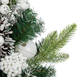 New Green Pine Frosted Artificial Christmas Wreath with Laced Ornaments, 24-Inch, Unlit Unlit