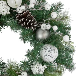 New Green Pine Frosted Artificial Christmas Wreath with Laced Ornaments, 24-Inch, Unlit Unlit