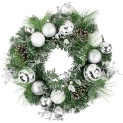 Sale Green Pine Needle Wreath with Pinecones and Christmas Ornaments, 24-Inch, Unlit Unlit