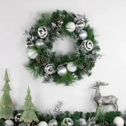 Sale Green Pine Needle Wreath with Pinecones and Christmas Ornaments, 24-Inch, Unlit Unlit