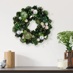 New Green Pinecone and Foliage Artificial Christmas Wreath, 14-Inch, Unlit Unlit