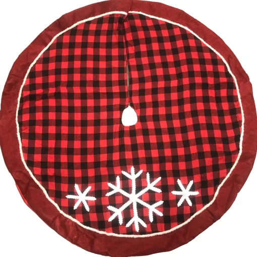 Hot 48 Inch Red & Black Plaid Snowflake Holiday Christmas Tree Skirt Cloth|Metal