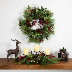 Discount Holly and Berries Christmas Pillar Candle Holder with Pine Cones - 28" Candle Holders
